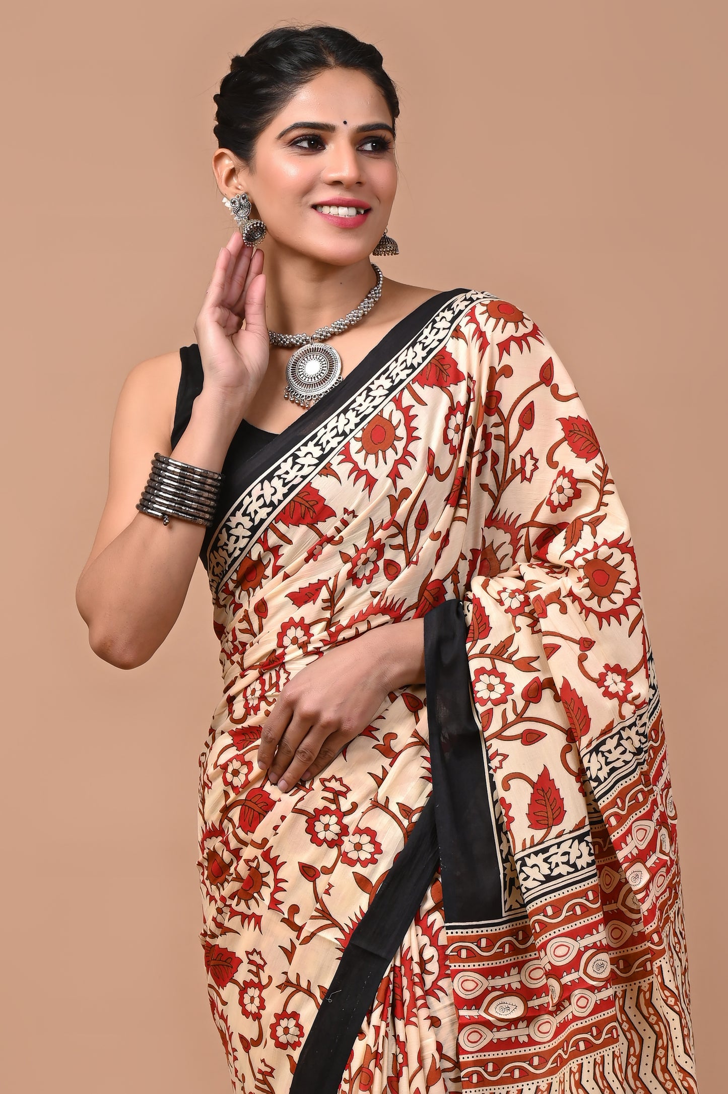 Ajrak Printed Pure Cotton Mulmul Saree With Blouse