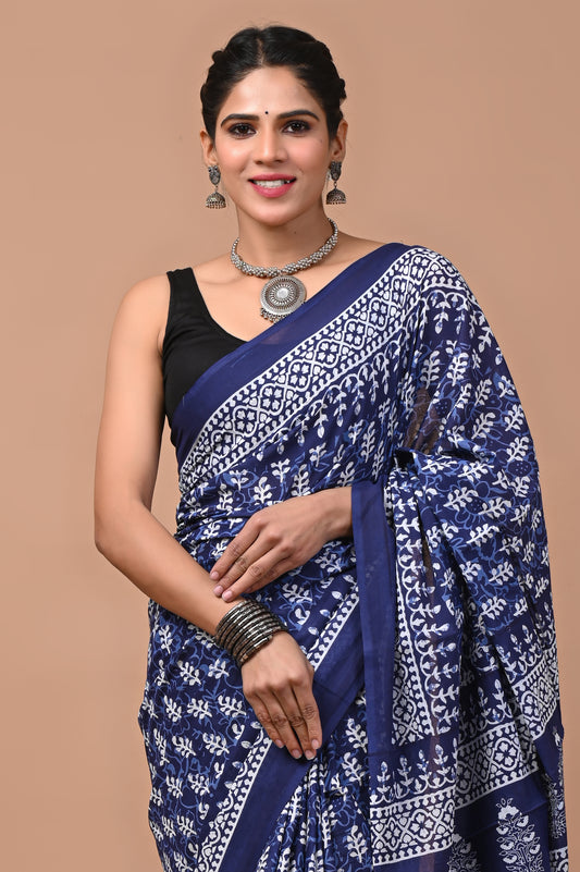 Ajrak Printed Pure Mulmul Cotton Saree with Blouse - Timeless Elegance