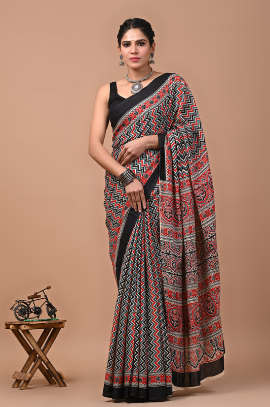 Ajrak Printed Pure Cotton Mulmul Saree With Blouse