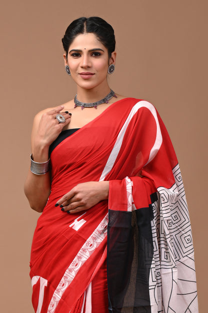 Printed Pure Cotton Mulmul Saree With Blouse - Mj Creation