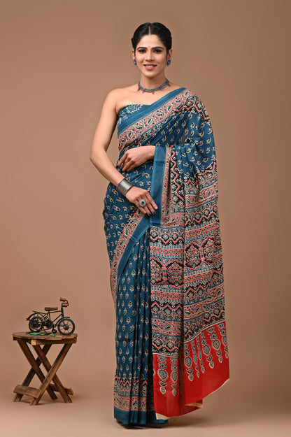 Printed Pure Cotton Mulmul Saree With Blouse - Mj Creation