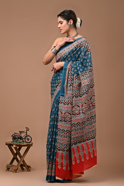 Printed Pure Cotton Mulmul Saree With Blouse - Mj Creation