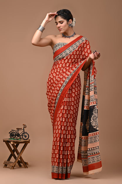 Jaipuri Printed Pure Cotton Mulmul Saree With Blouse - Mj Creation