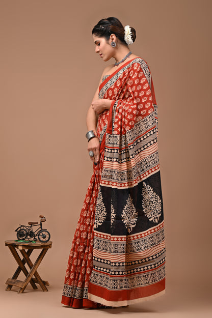 Jaipuri Printed Pure Cotton Mulmul Saree With Blouse - Mj Creation