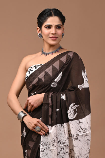 Jaipuri Printed Pure Cotton Mulmul Saree With Blouse - Mj Creation