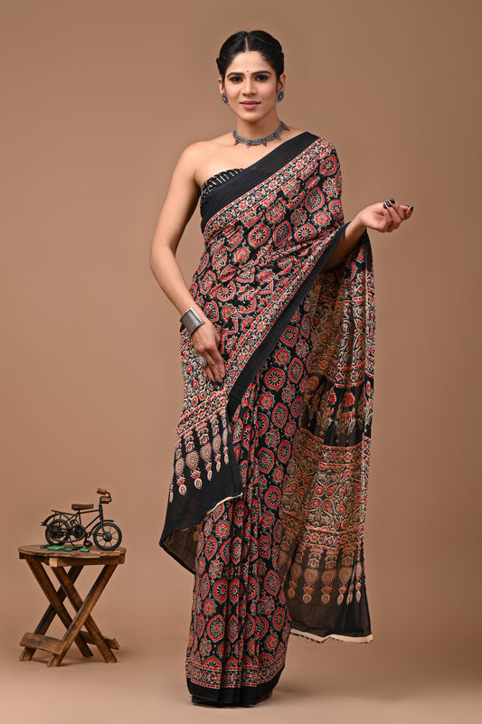 Jaipuri Printed Pure Cotton Mulmul Saree With Blouse - Mj Creation