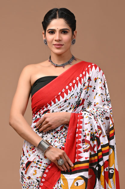 Jaipuri Printed Pure Cotton Mulmul Saree With Blouse - Mj Creation