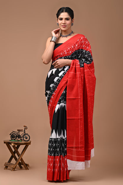 Jaipuri Printed Pure Cotton Mulmul Saree With Blouse - Mj Creation