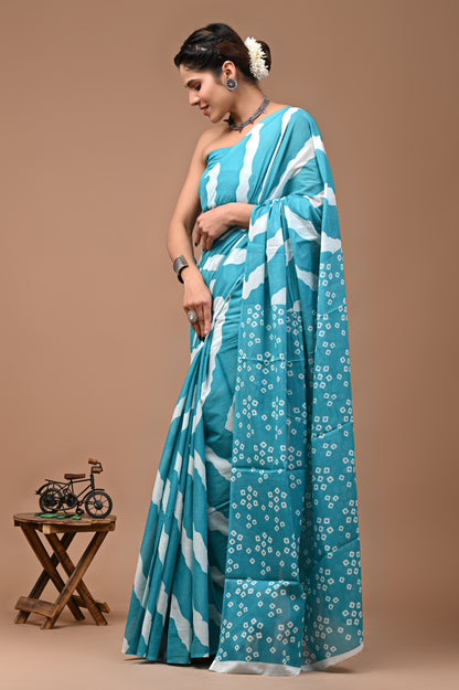 Jaipuri Printed Pure Cotton Mulmul Saree With Blouse - Mj Creation