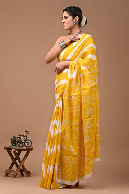 Jaipuri Printed Pure Cotton Mulmul Saree With Blouse - Mj Creation