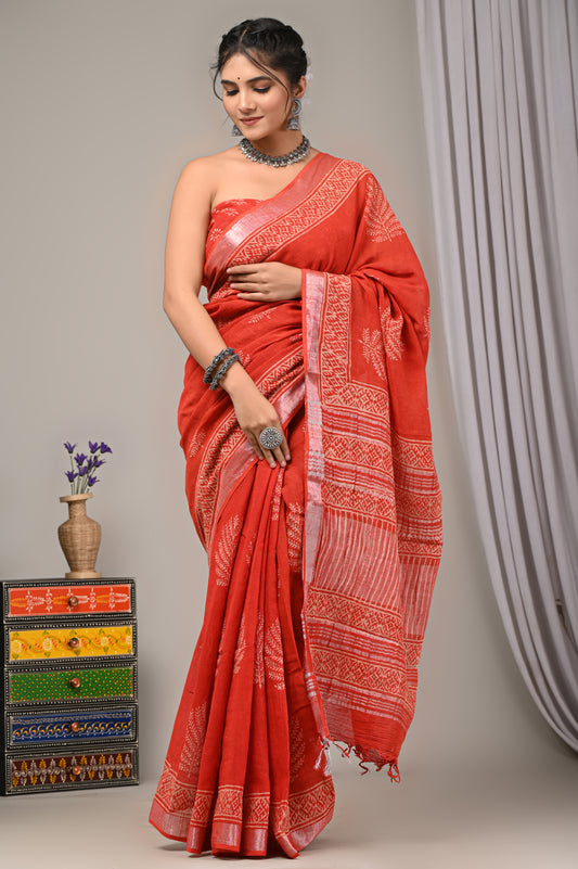 Block Printed Cotton Linen Saree With Unstiched Blouse - Mj Creation