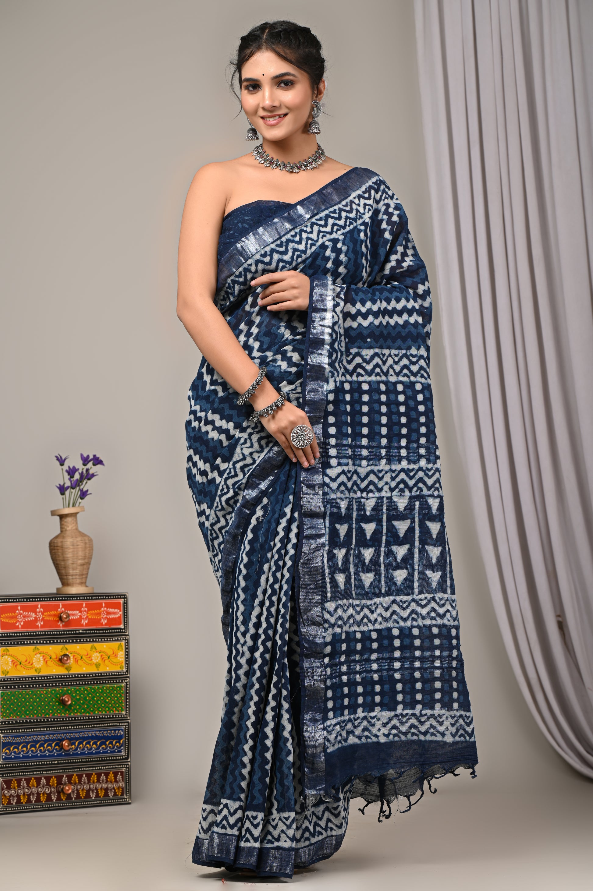 Block Printed Cotton Linen Saree With Unstiched Blouse - Mj Creation