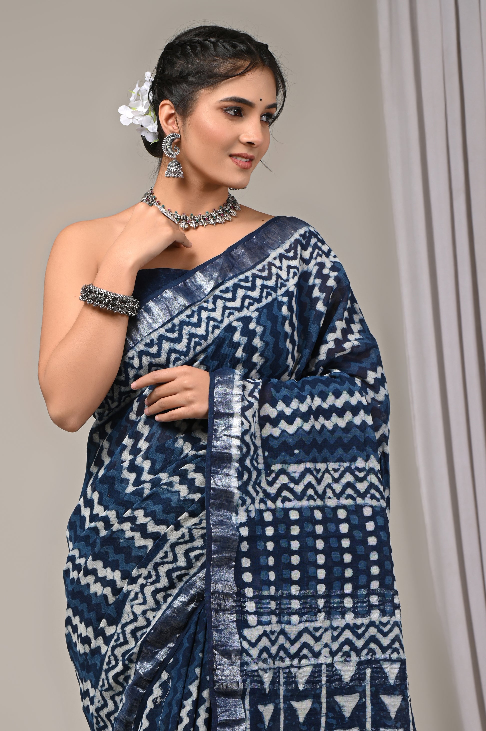 Block Printed Cotton Linen Saree With Unstiched Blouse - Mj Creation