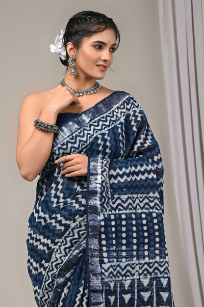 Block Printed Cotton Linen Saree With Unstiched Blouse - Mj Creation