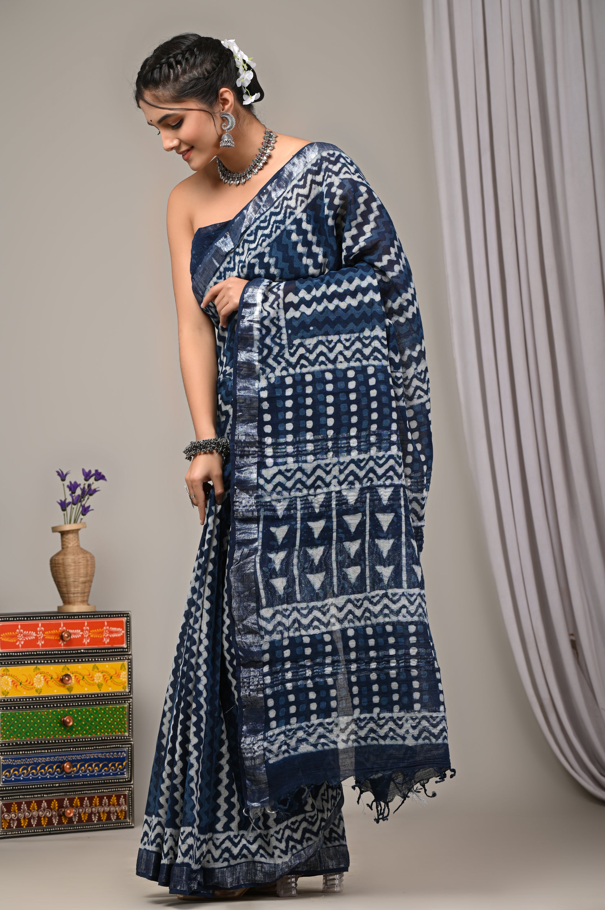 Block Printed Cotton Linen Saree With Unstiched Blouse - Mj Creation