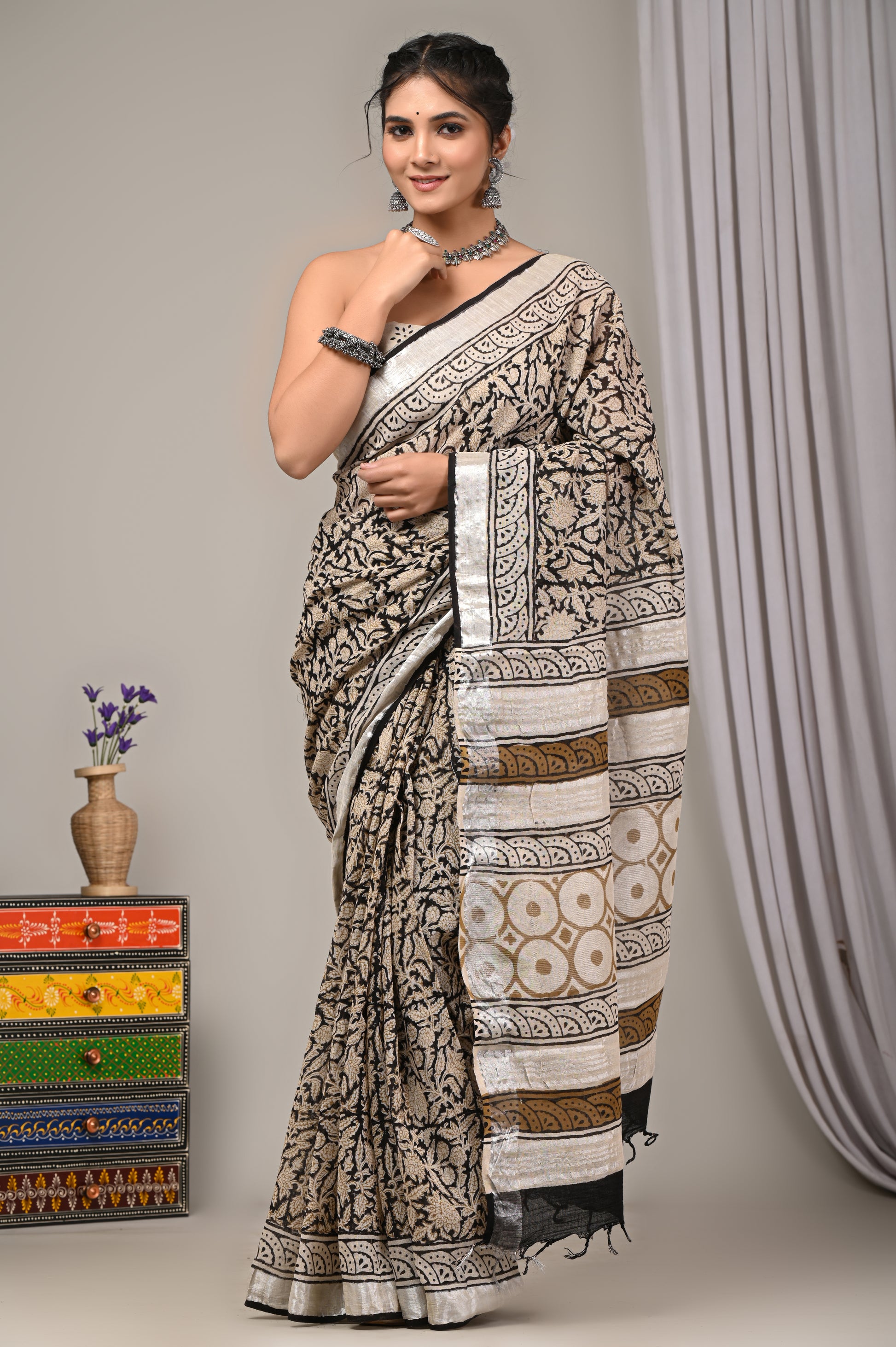 Block Printed Cotton Linen Saree With Unstiched Blouse - Mj Creation