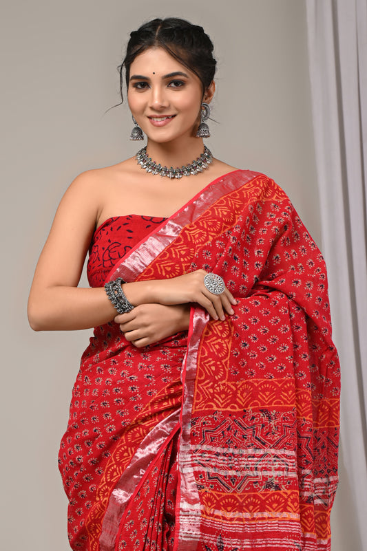 Block Printed Cotton Linen Saree With Unstiched Blouse - Mj Creation