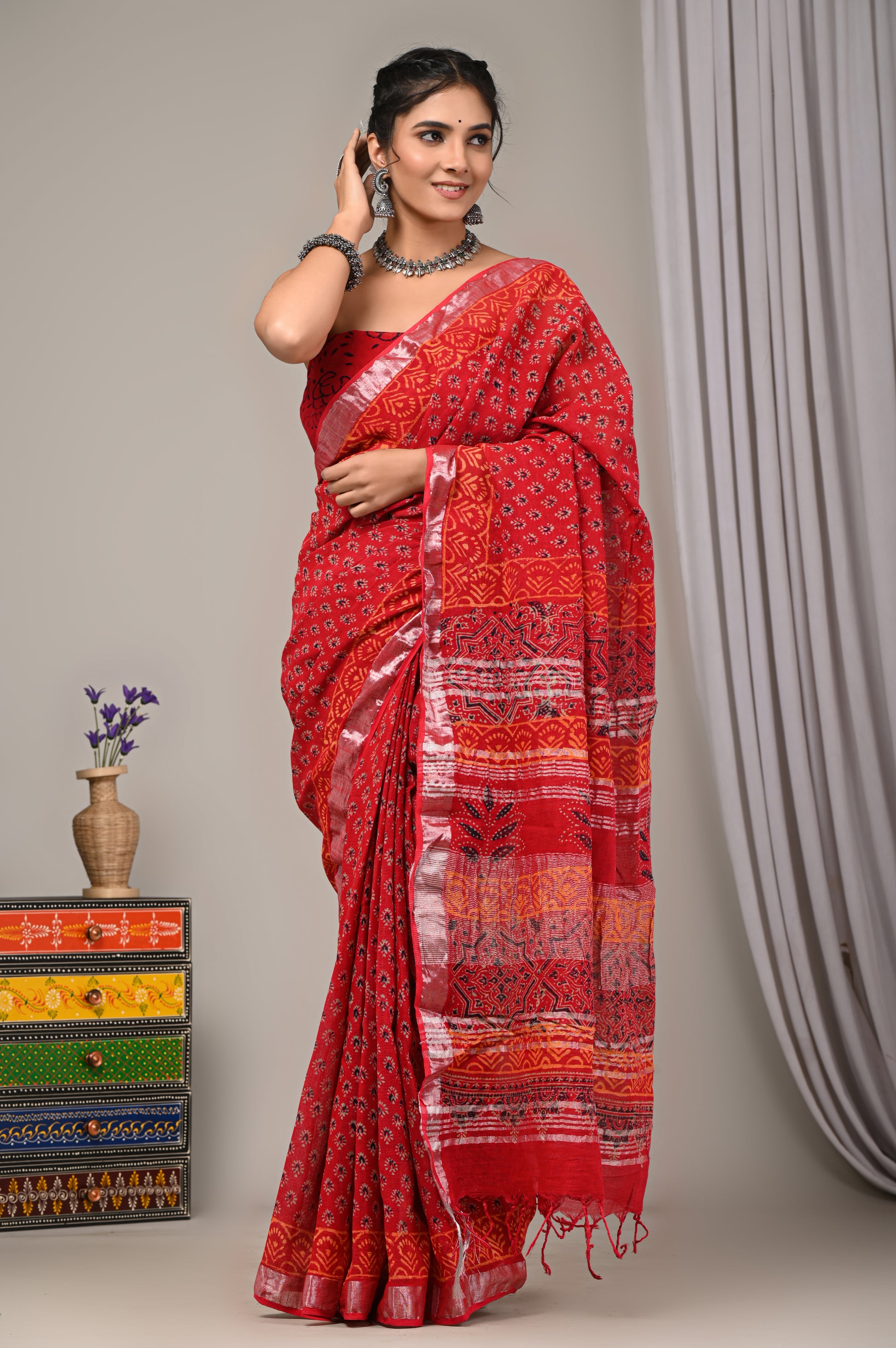 Block Printed Cotton Linen Saree With Unstiched Blouse - Mj Creation