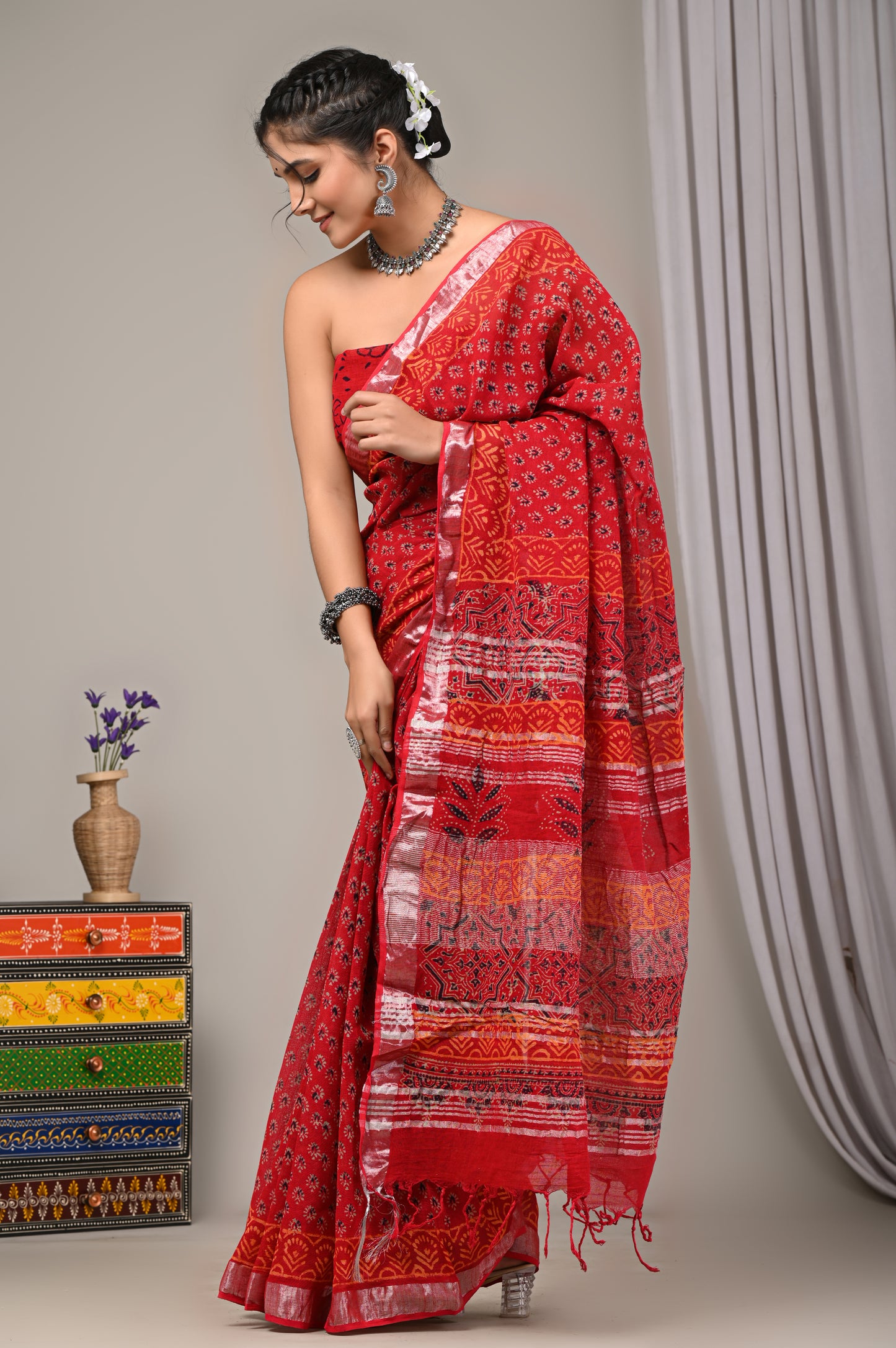 Block Printed Cotton Linen Saree With Unstiched Blouse - Mj Creation