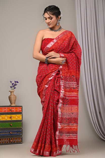 Block Printed Cotton Linen Saree With Unstiched Blouse - Mj Creation