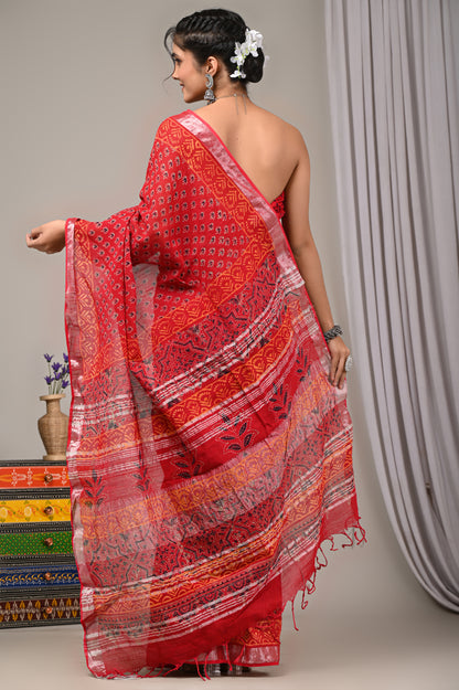 Block Printed Cotton Linen Saree With Unstiched Blouse - Mj Creation