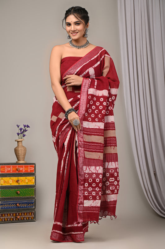 Block Printed Cotton Linen Saree With Unstiched Blouse - Mj Creation