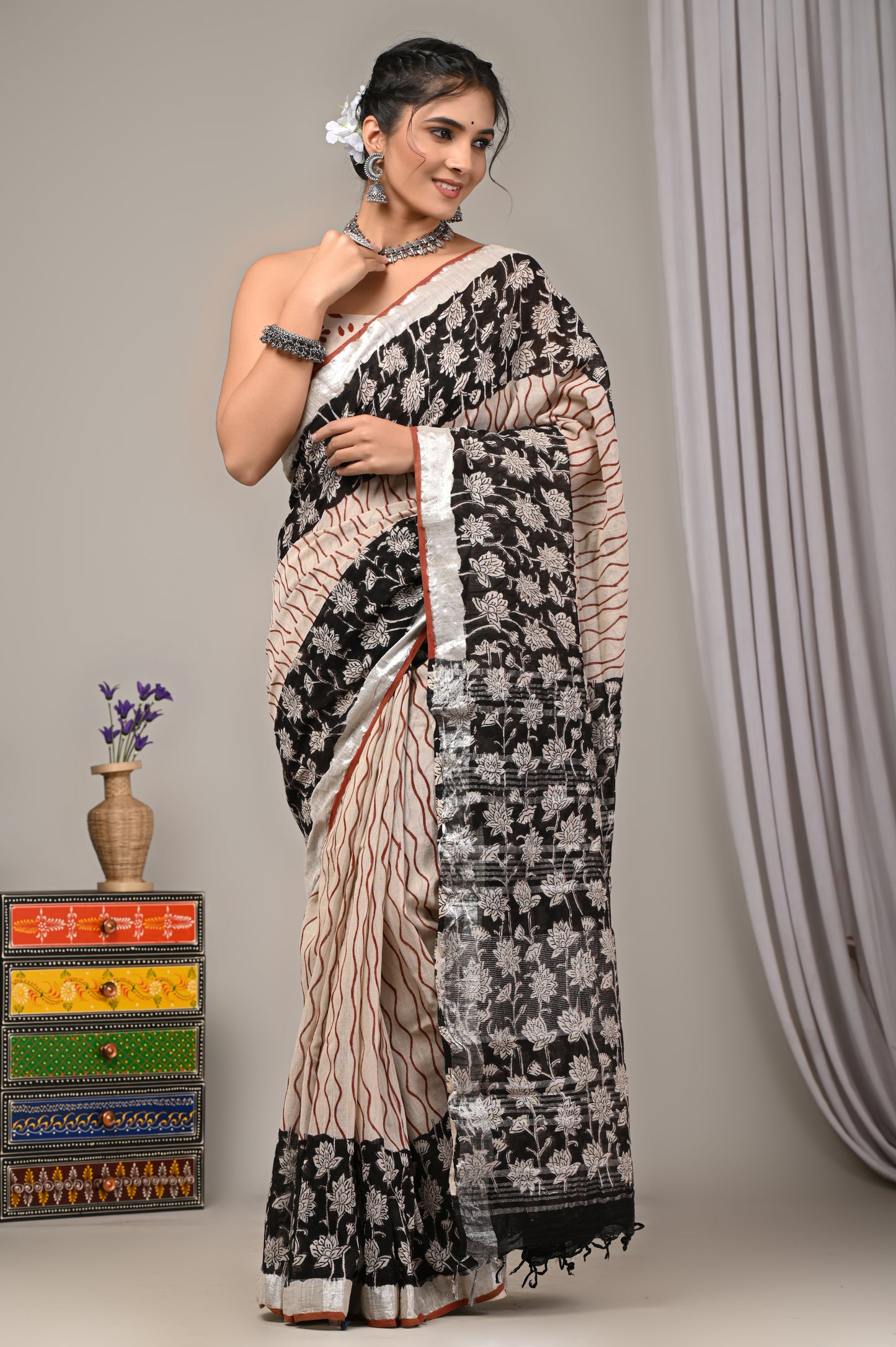 Block Printed Cotton Linen Saree With Unstiched Blouse - Mj Creation