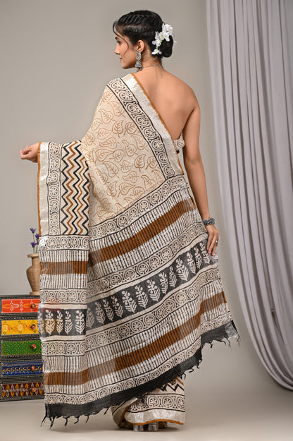 Block Printed Cotton Linen Saree With Unstiched Blouse - Mj Creation