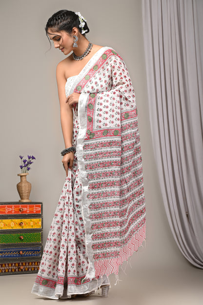 Block Printed Cotton Linen Saree With Unstiched Blouse - Mj Creation