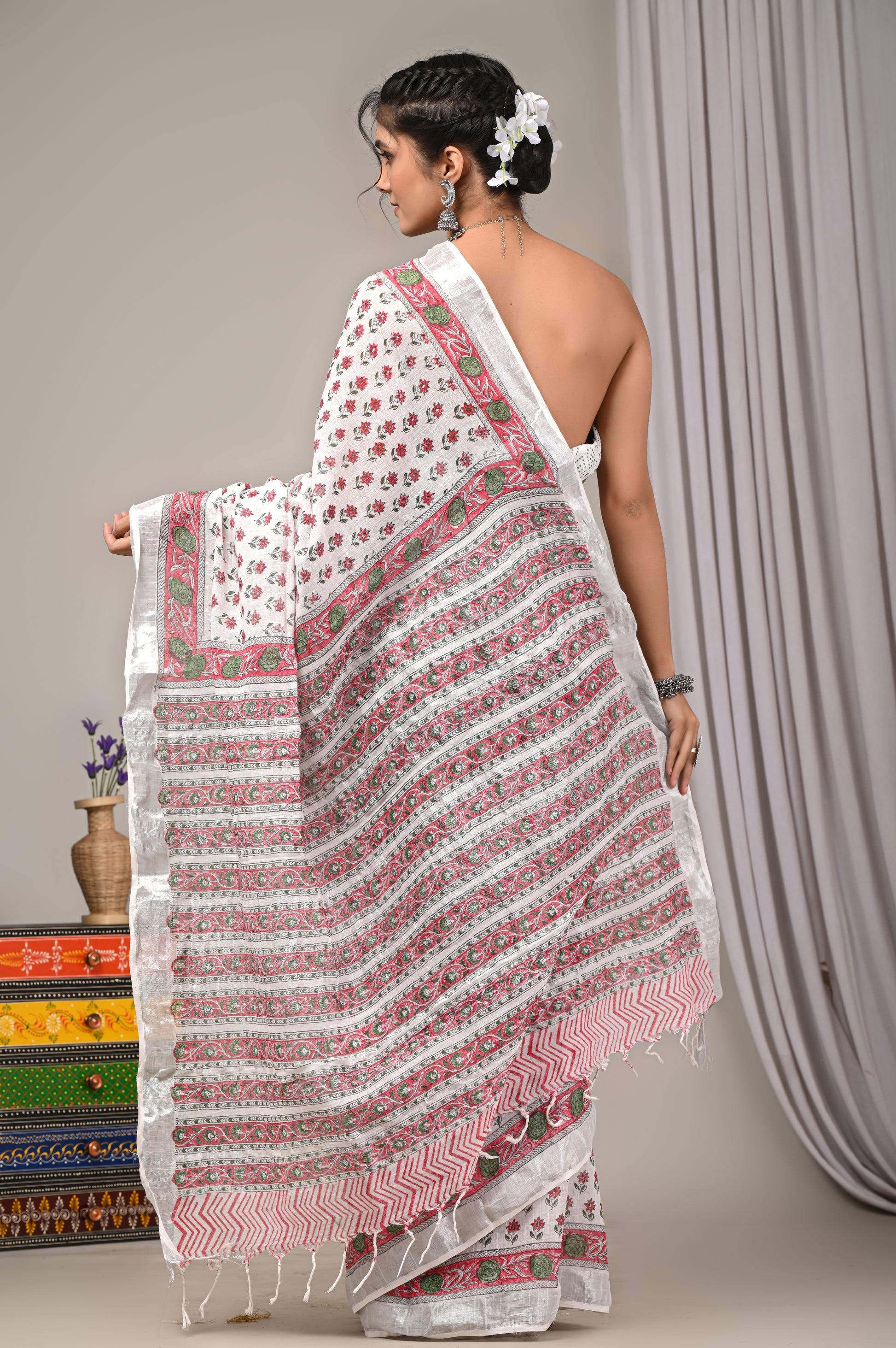 Block Printed Cotton Linen Saree With Unstiched Blouse - Mj Creation