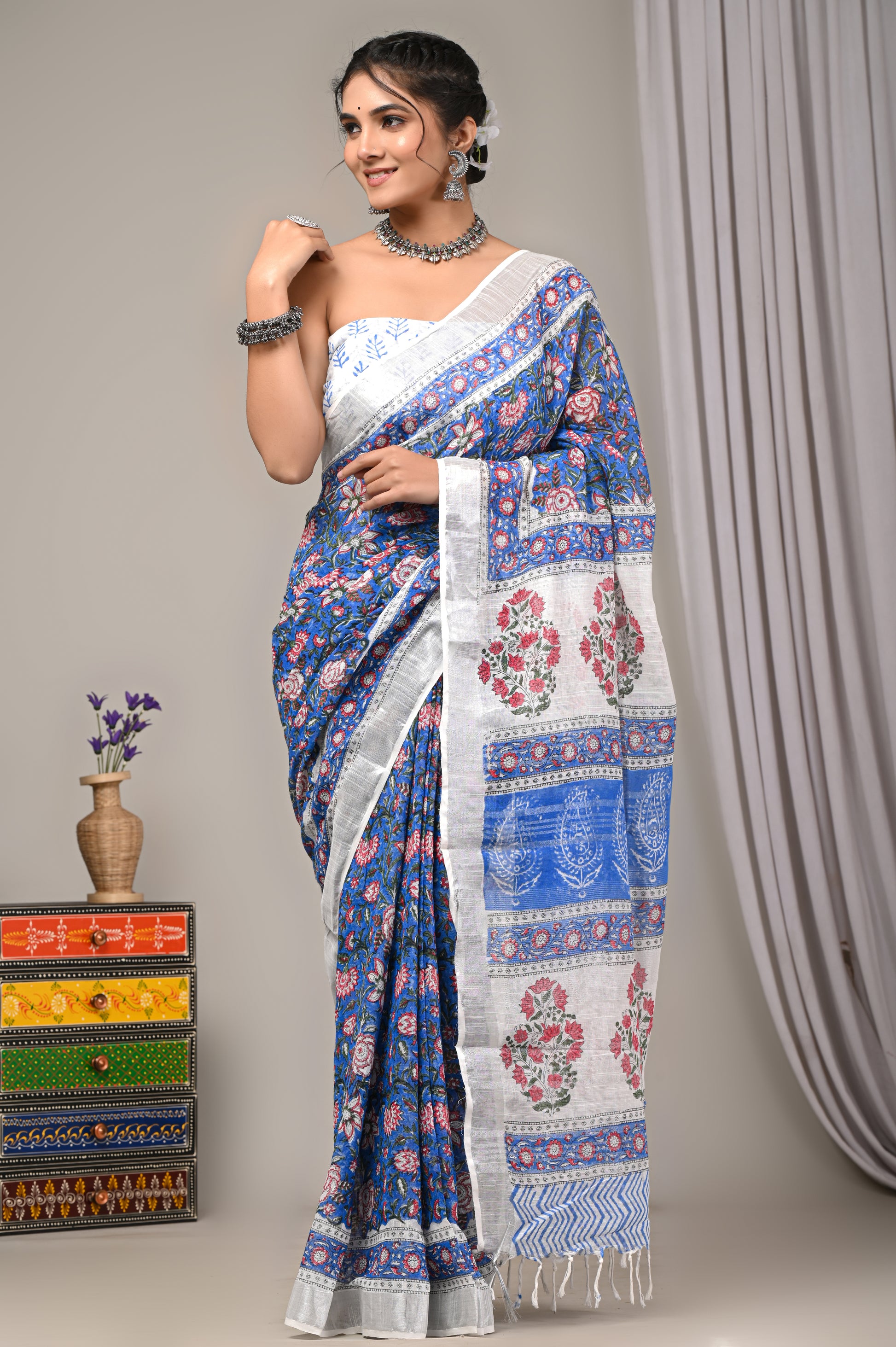 Block Printed Cotton Linen Saree With Unstiched Blouse - Mj Creation