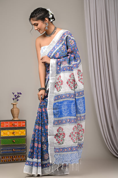 Block Printed Cotton Linen Saree With Unstiched Blouse - Mj Creation