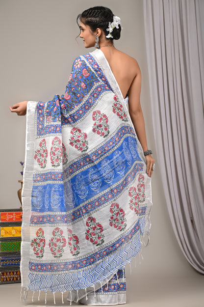 Block Printed Cotton Linen Saree With Unstiched Blouse - Mj Creation