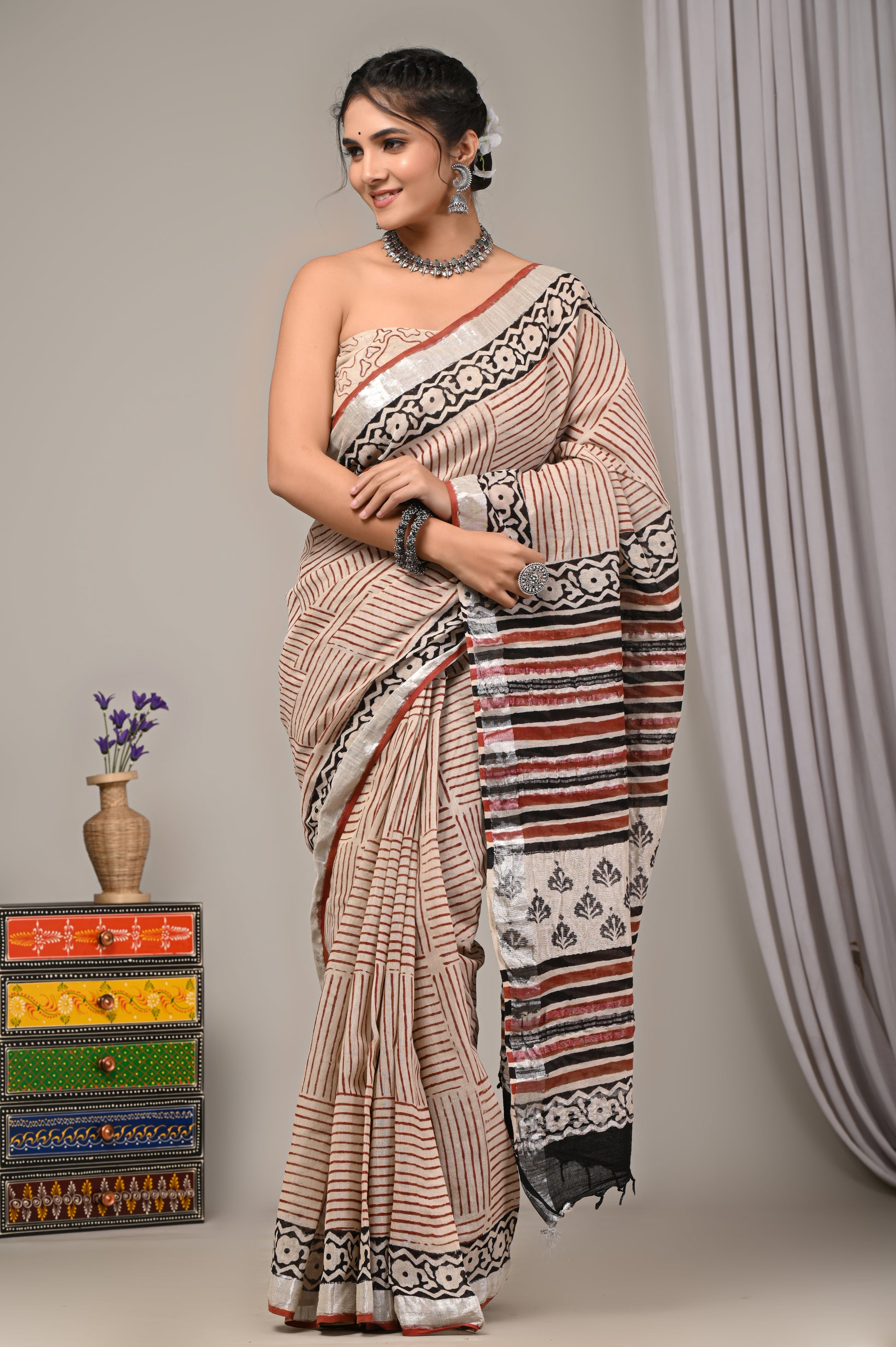 Block Printed Cotton Linen Saree With Unstiched Blouse - Mj Creation