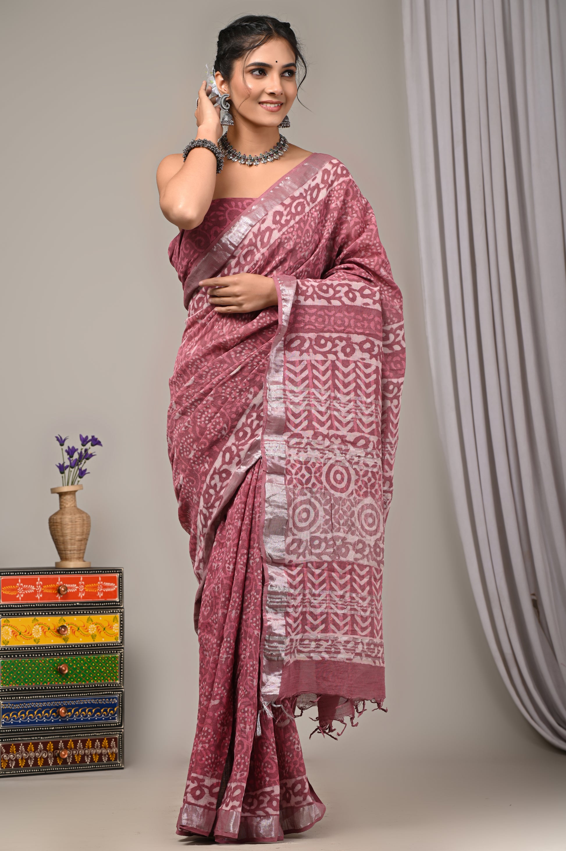 Block Printed Cotton Linen Saree With Unstiched Blouse - Mj Creation