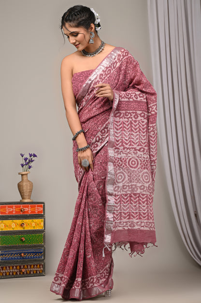 Block Printed Cotton Linen Saree With Unstiched Blouse - Mj Creation