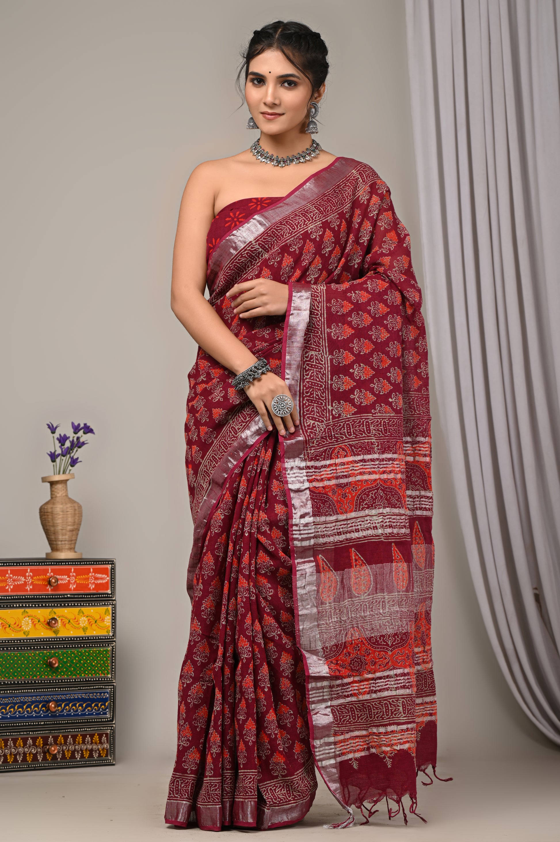 Block Printed Cotton Linen Saree With Unstiched Blouse - Mj Creation