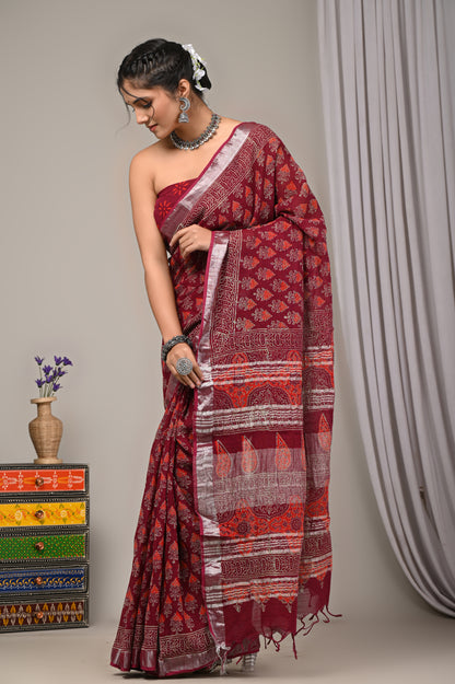 Block Printed Cotton Linen Saree With Unstiched Blouse - Mj Creation