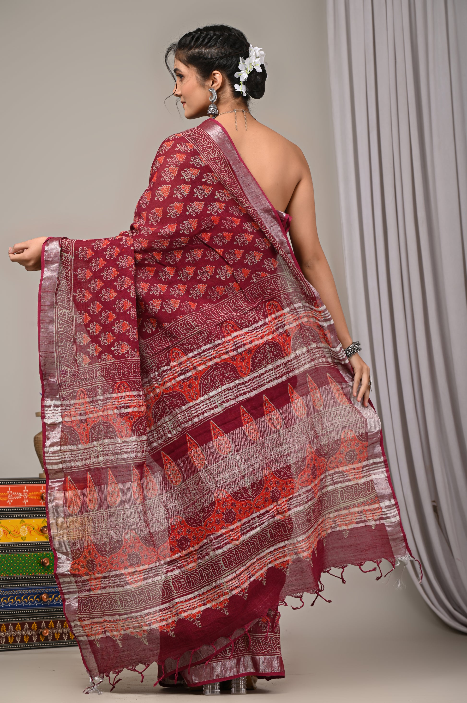 Block Printed Cotton Linen Saree With Unstiched Blouse - Mj Creation