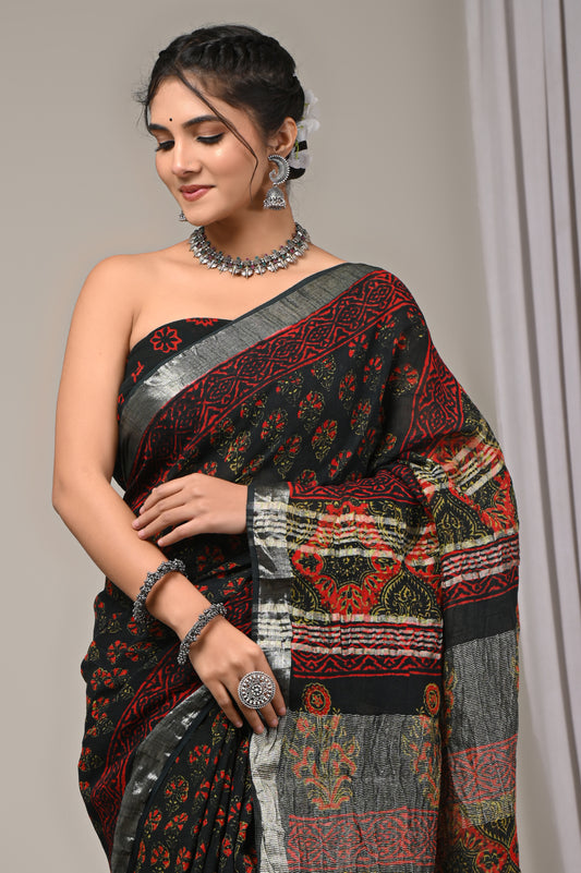 Block Printed Cotton Linen Saree With Unstiched Blouse - Mj Creation