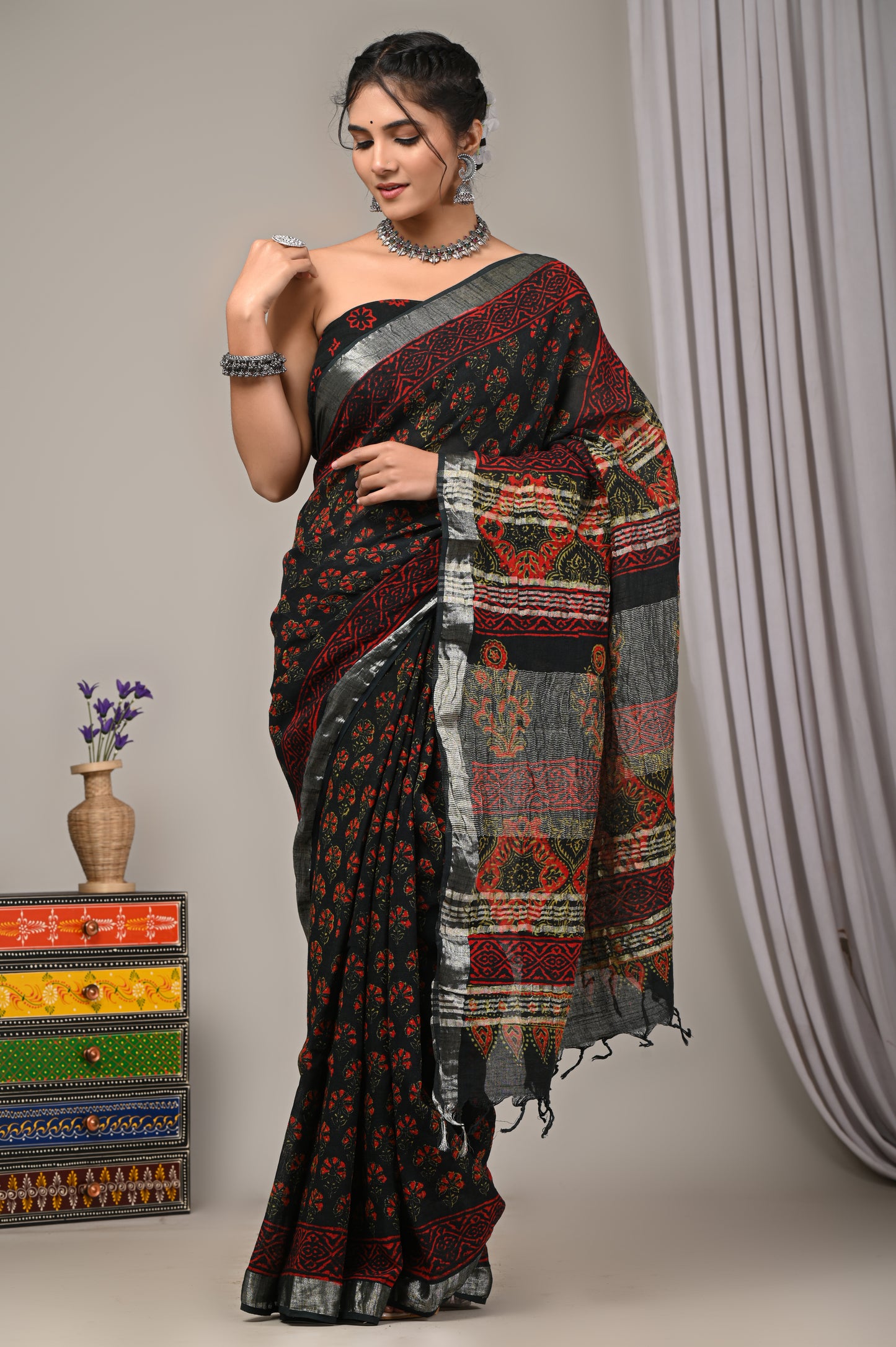 Block Printed Cotton Linen Saree With Unstiched Blouse - Mj Creation