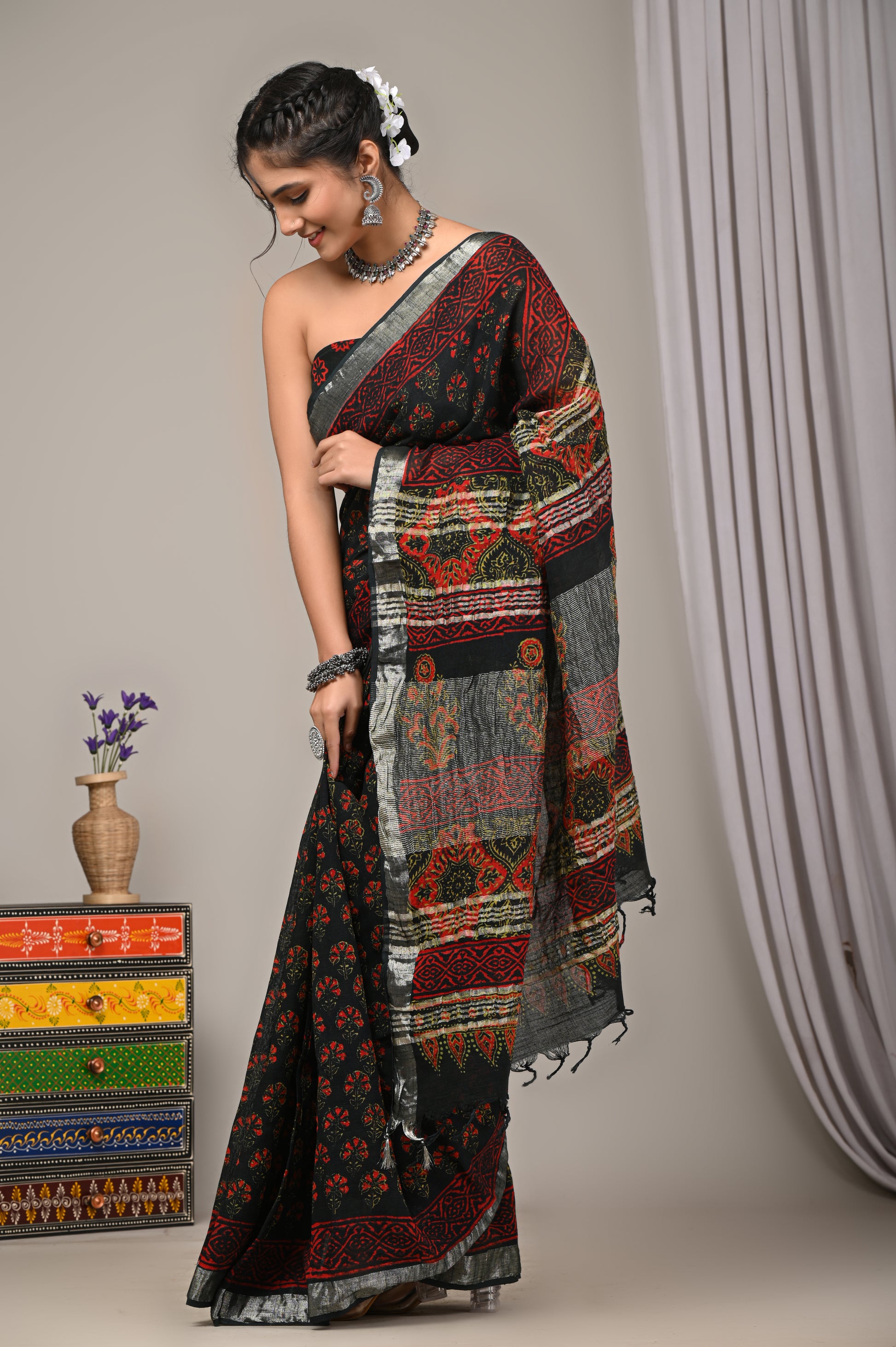 Block Printed Cotton Linen Saree With Unstiched Blouse - Mj Creation