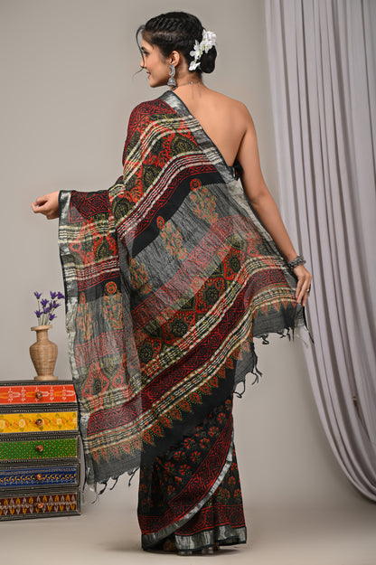 Block Printed Cotton Linen Saree With Unstiched Blouse - Mj Creation