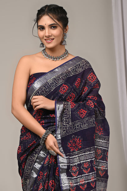 Block Printed Cotton Linen Saree With Unstiched Blouse - Mj Creation