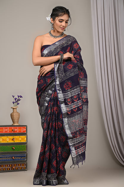 Block Printed Cotton Linen Saree With Unstiched Blouse - Mj Creation