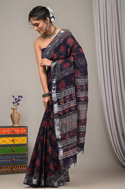 Block Printed Cotton Linen Saree With Unstiched Blouse - Mj Creation