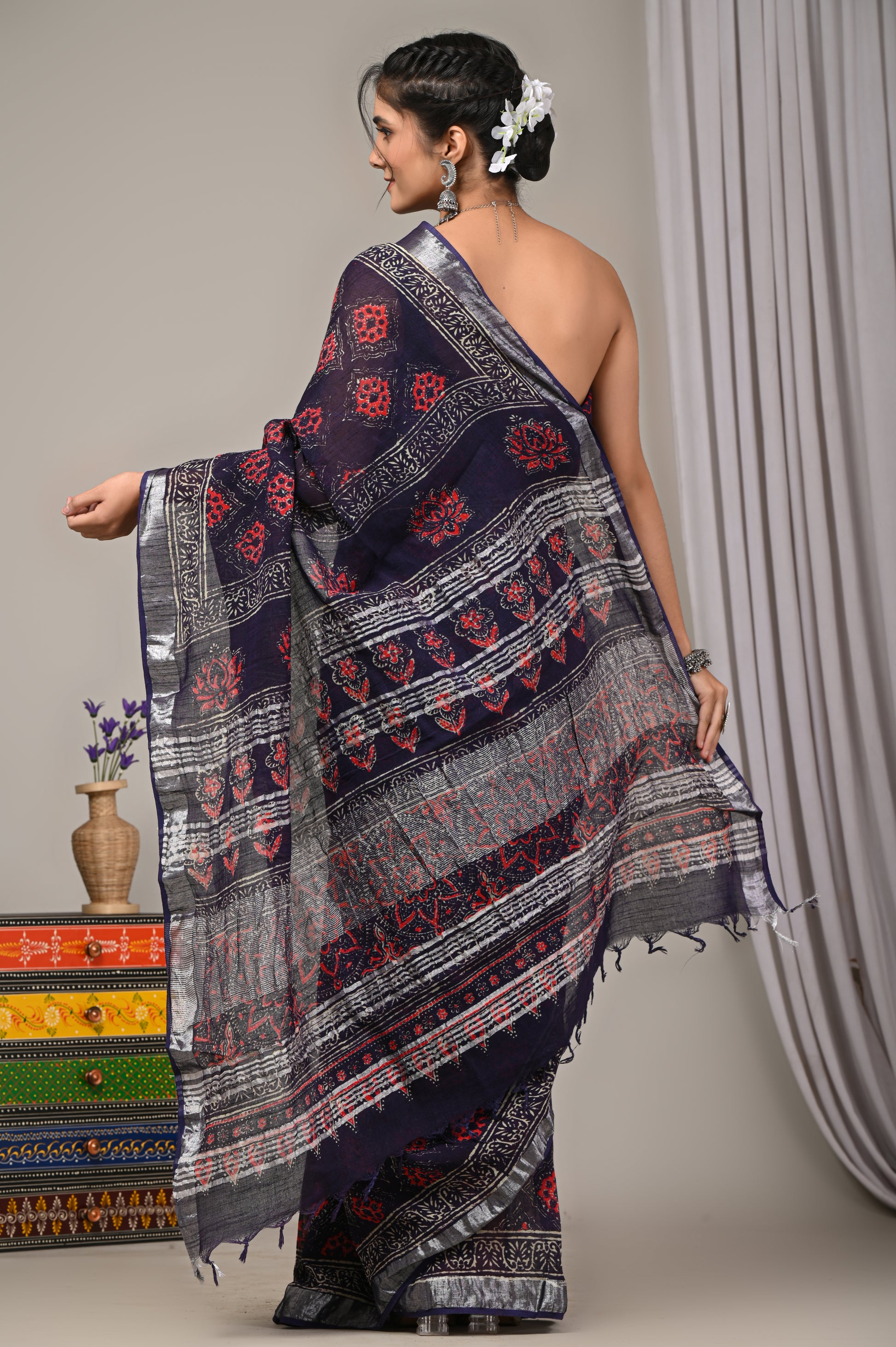 Block Printed Cotton Linen Saree With Unstiched Blouse - Mj Creation