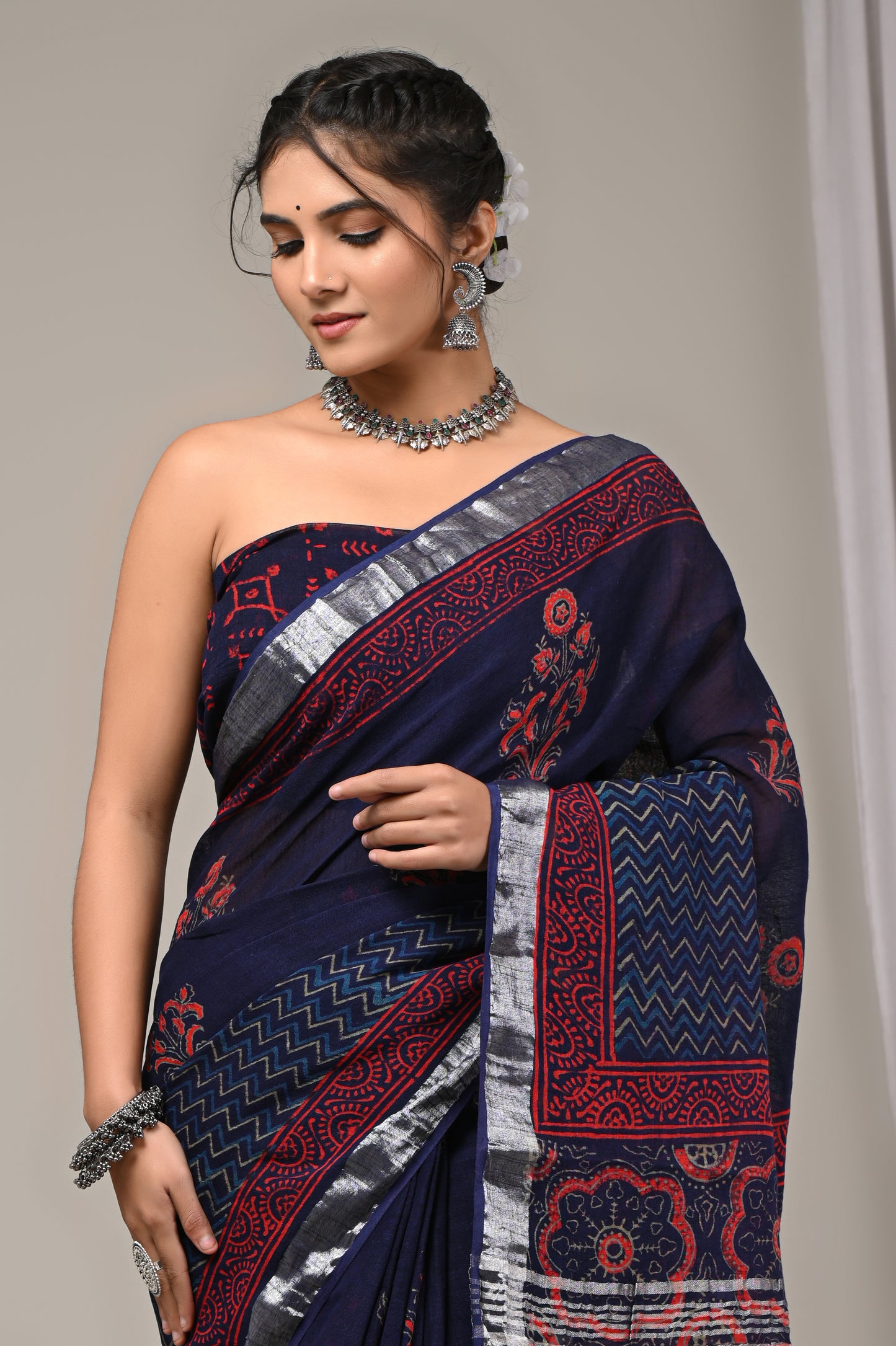 Block Printed Cotton Linen Saree With Unstiched Blouse - Mj Creation