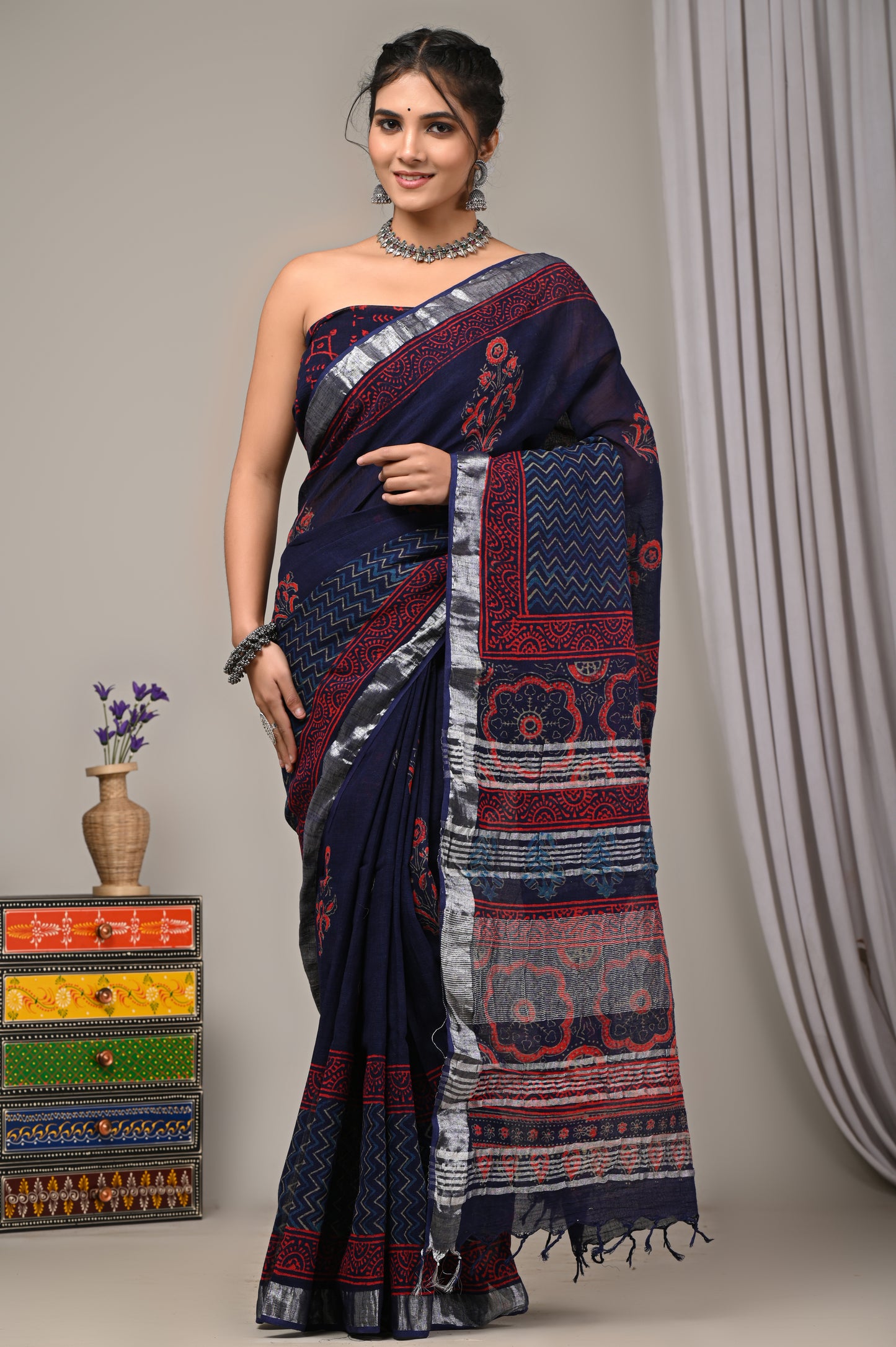 Block Printed Cotton Linen Saree With Unstiched Blouse - Mj Creation