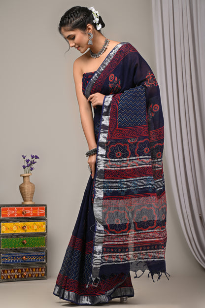 Block Printed Cotton Linen Saree With Unstiched Blouse - Mj Creation